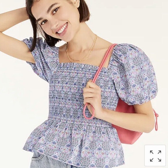 J. Crew x Liberty square neck smocked cotton blouse - Picture 1 of 10